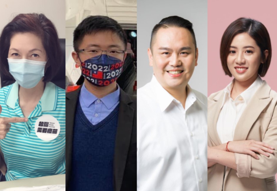 民調顯示，台北市士林、北投選區，以現任國民黨籍議員汪志冰(左1)支持率最高，其次依序為無黨籍的林瑞圖、新黨侯漢廷(左2)、國民黨籍陳重文(右2)，「學姊」黃瀞瑩(右1)來勢洶洶，支持率暫居第5。 image source:組圖/FB
