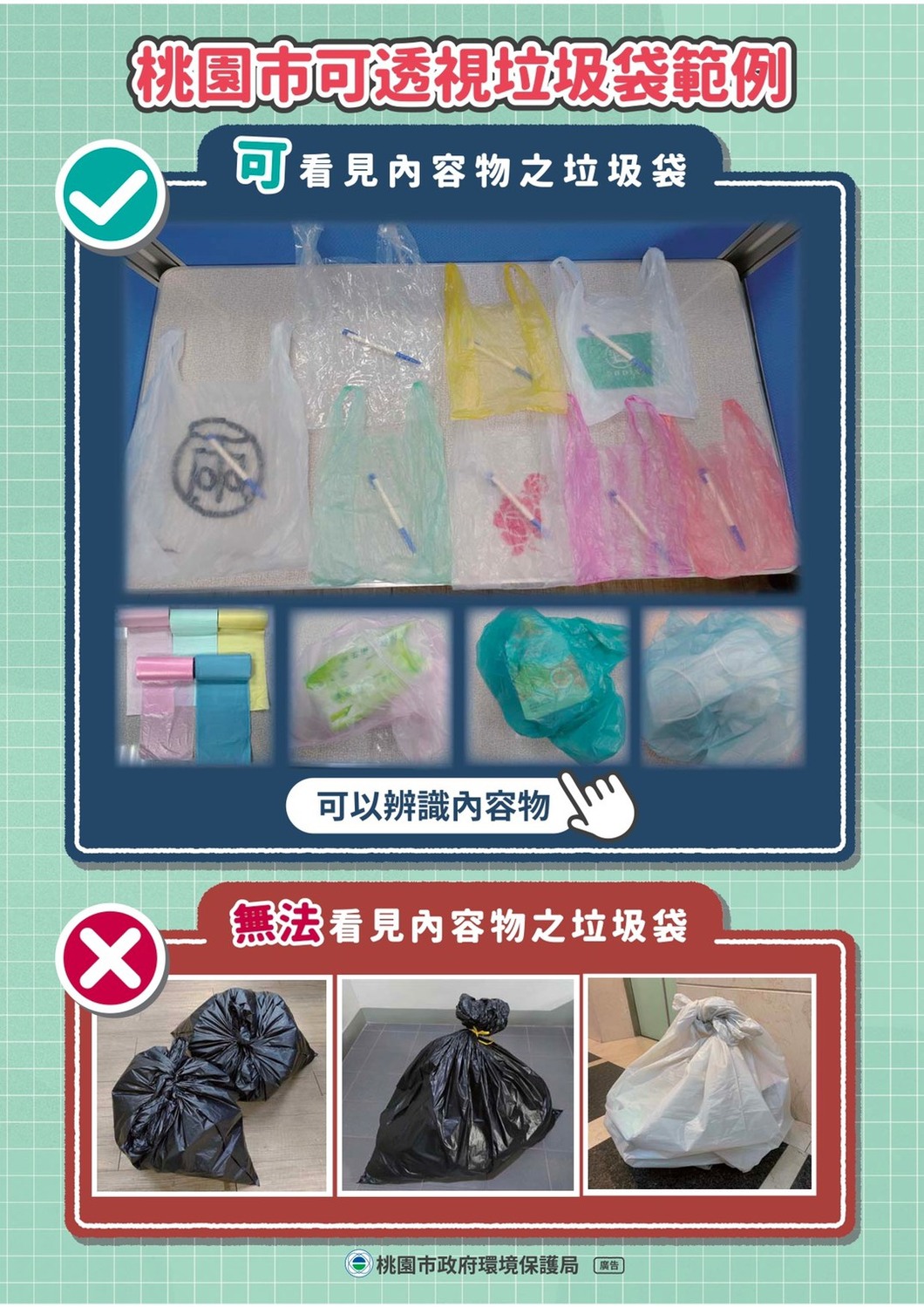 桃園市自4月份起推廣「可透視垃圾袋政策」，宣導期3個月，7月起正式實施，未依規定者最高可處6千元罰款。 圖：桃園市政府環保局/提供