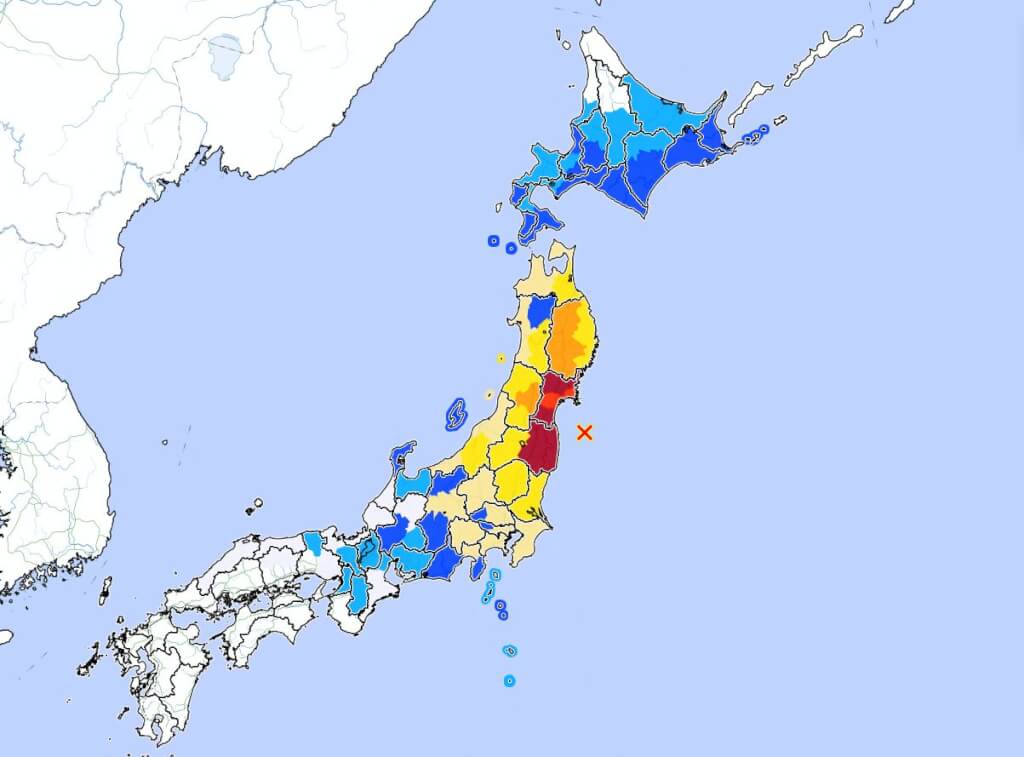 日本東北地區福島縣外海16日晚間發生規模7.4強震，造成至少2人死亡、92人受傷。 圖：翻攝日本氣象廳網頁
