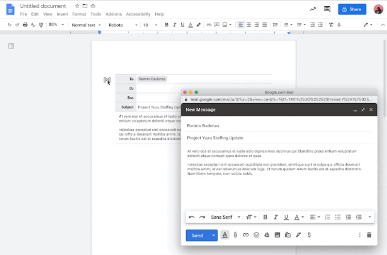 只要在Google文件上打@email便可開始編輯電子郵件，準備好發送後，點擊左側的Gmail圖標便可打開電子郵件直接發送。 圖：翻攝自Google官網