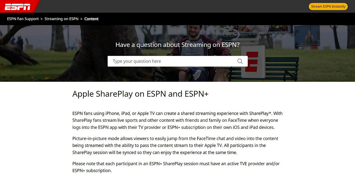 ESPN官網也強調，每位參與者都必須擁有ESPN＋訂閱，才能啟用SharePlay。 圖：翻攝自ESPN官網