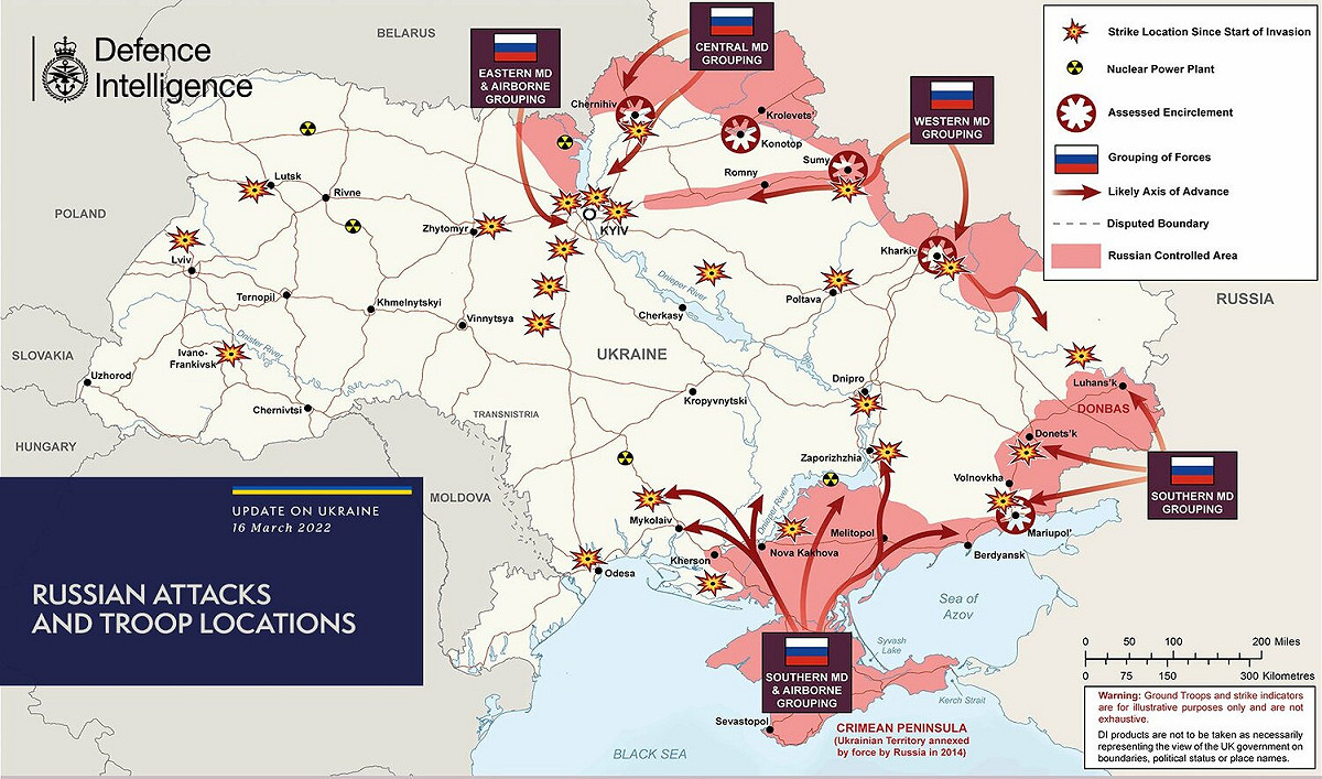 英國國防部繪製至3月16日俄烏戰爭衝突地圖。 圖：翻攝UK MoD官網