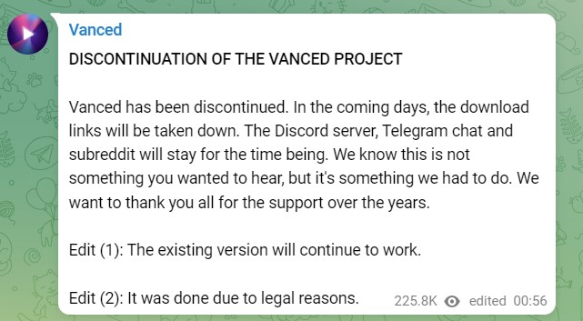 YouTube Vanced也在Telegram上表示，雖然官方提供的App下載連結目前已經刪除，但Discord社群、Telegram聊天室與 subreddit討論區將暫時保留。 圖：翻攝自Vanced Telegram