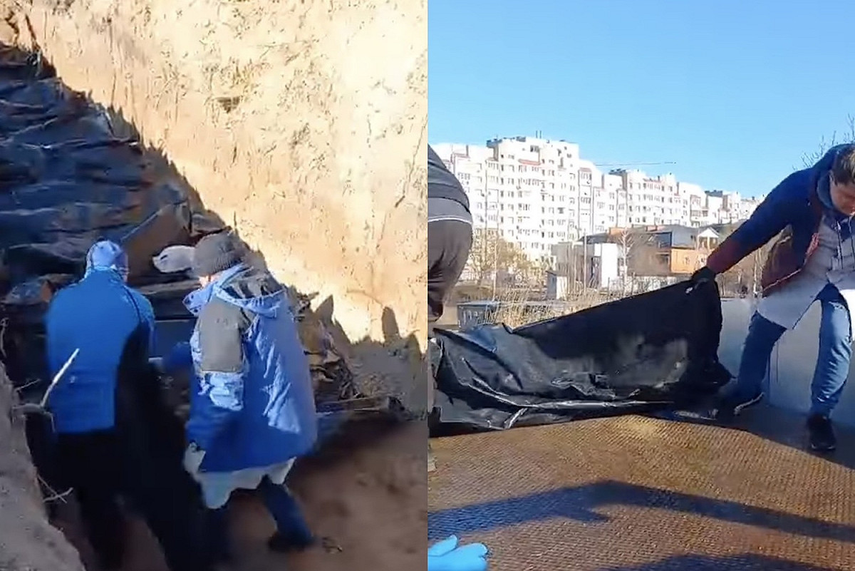烏克蘭有平民遭屠殺，由於遺體數量過多，倖存民眾只能把死者裝入黑色屍袋，並拖到教堂旁邊的大壕溝裡掩埋。 圖：翻攝自Andriy Levkivskyi臉書（新頭殼合成）