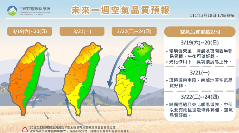 今天中部、雲嘉南、高屏空品區為「橘色提醒」等級。 圖/環保署空氣品質監測網