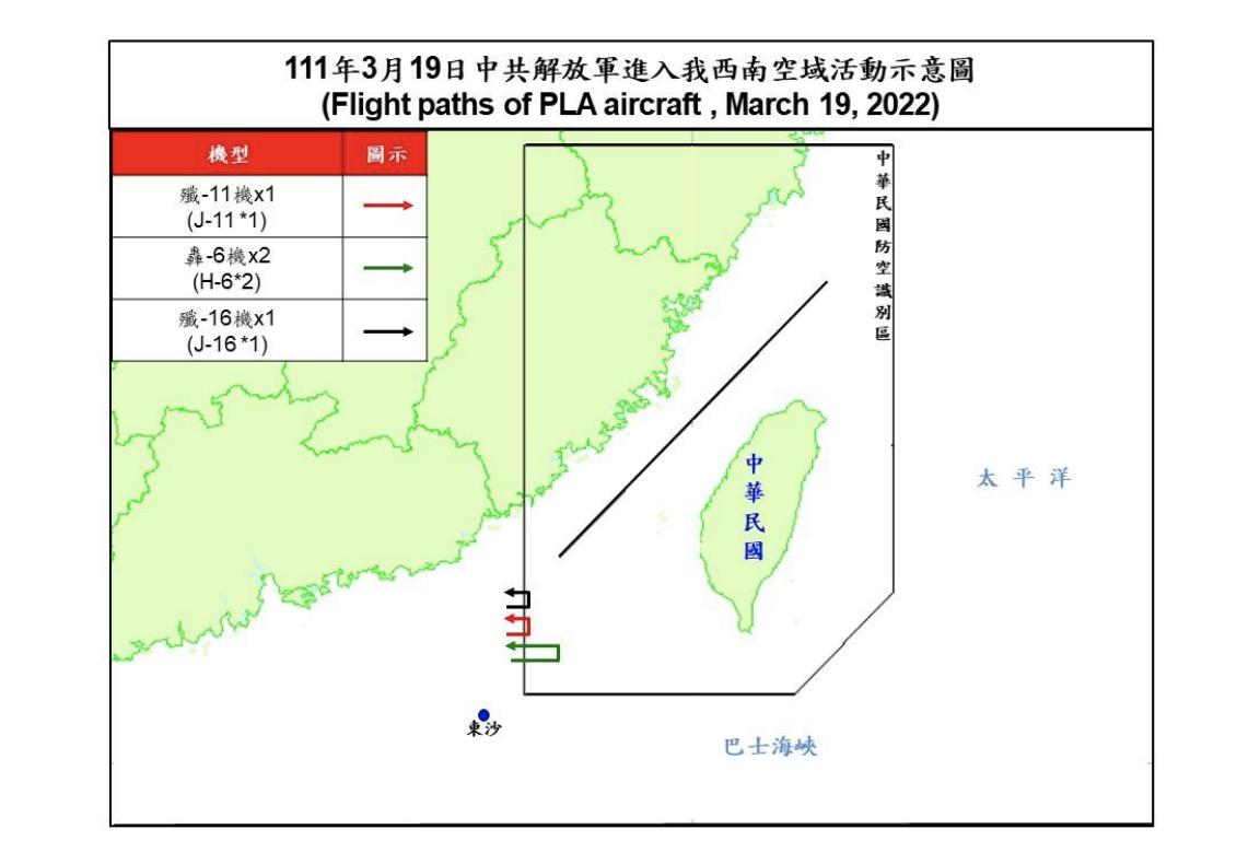 中共４架次軍機擾我西南空域。 圖：國防部提供