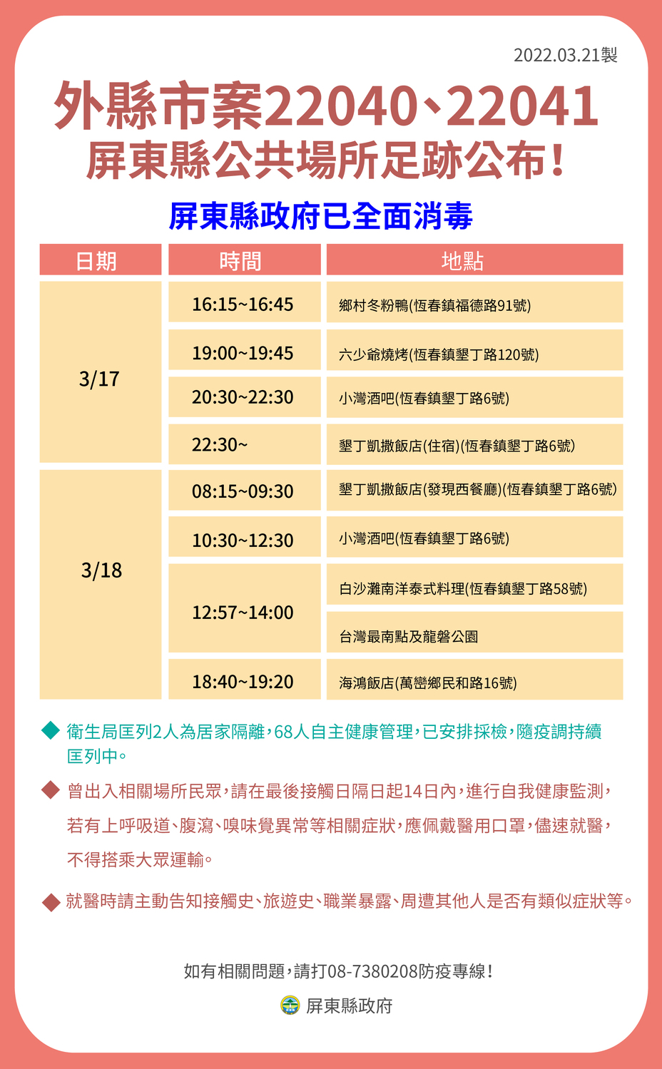 嘉義市確診夫婦在屏東旅遊相關足跡。 圖 : 屏東縣政府/提供