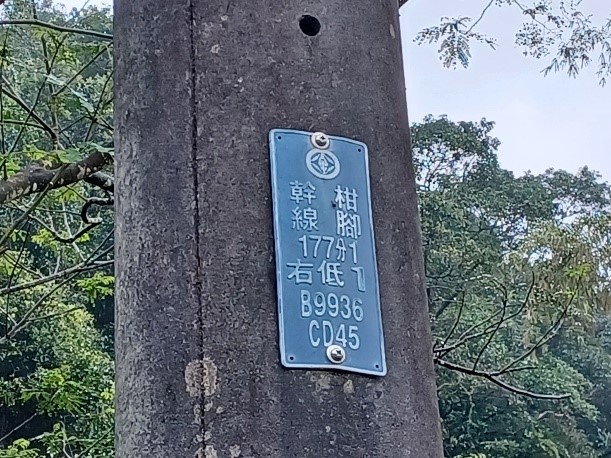 電線桿上的電力座標B9936CD45，是由英數9或11碼組成的字串，偏避地點民眾報案請提供此兩行英數字串。 圖：新北市動保處提供