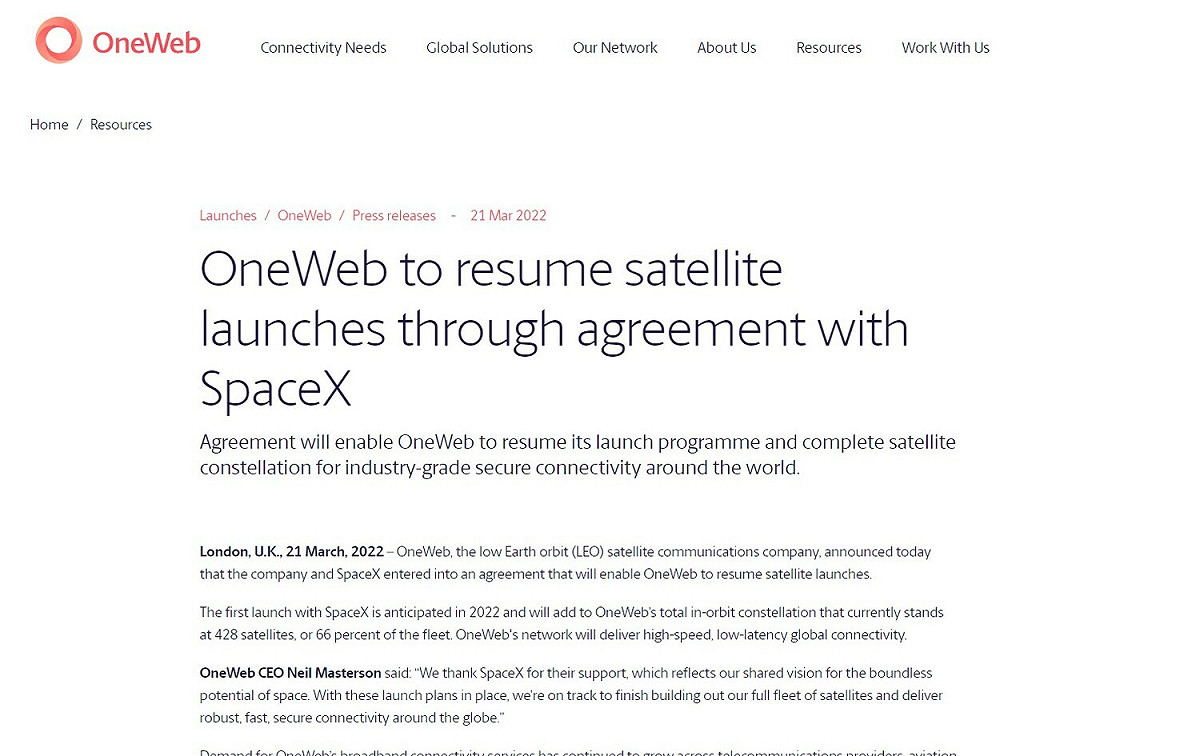 OneWeb確定與競爭對手SpaceX合作，改搭獵鷹9號火箭發射。 圖：翻攝自 OneWeb 官網
