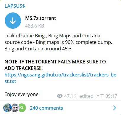 駭客組織Lapsus$在其Telegram上發布了一個文件，文件大小近37GB，內容包含微軟搜尋引擎和智慧型個人助理的部分源代碼 圖：翻攝自Lapsus$ Telegram