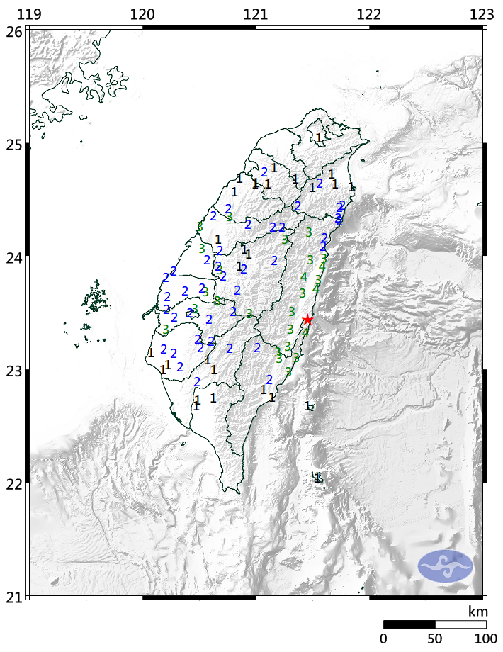 323花東強震餘震破150起，今(24)早8時38分又發生一起較大規模的餘震，規模5.3。 圖:中央氣象局