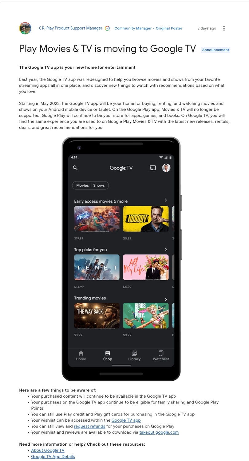 Google昨日在Google Play協助社群發布一則公告，內容提到Play商店將在5月份關閉影視銷售服務。 圖：翻攝自Google Play協助社群