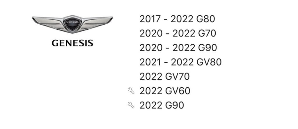 Genesis GV60、G90都有搭配Apple Key，但GV70沒有在其中。 圖：翻攝自CarPlay官網