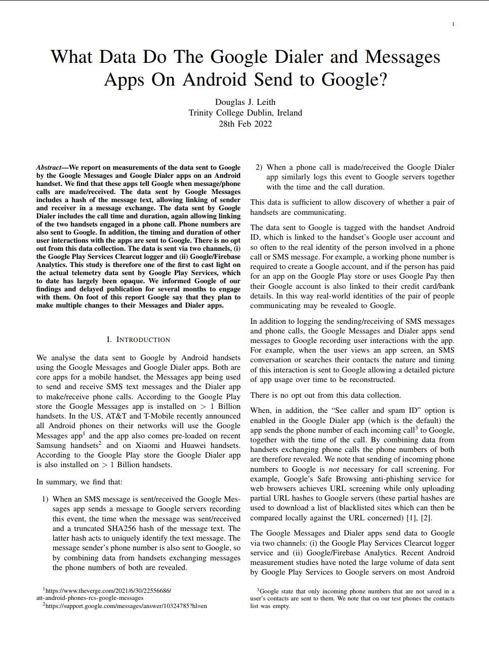 愛爾蘭都柏林三一學院的電腦科學教授Douglas Leith，在2月底發表了關於Google的一篇論文。 圖：翻攝自Douglas Leith 論文