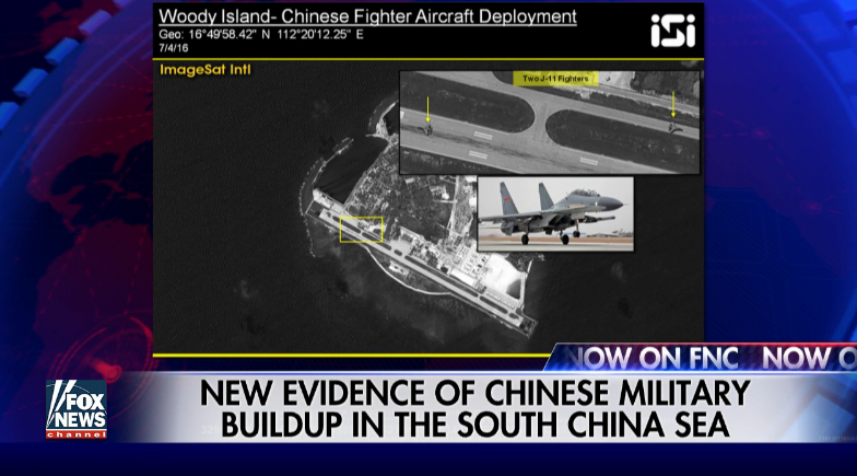 福斯新聞報導，美國衛星機構ImageSat International空照圖發現，2架中國殲11戰鬥機降落在永興島。 圖：翻攝福斯新聞