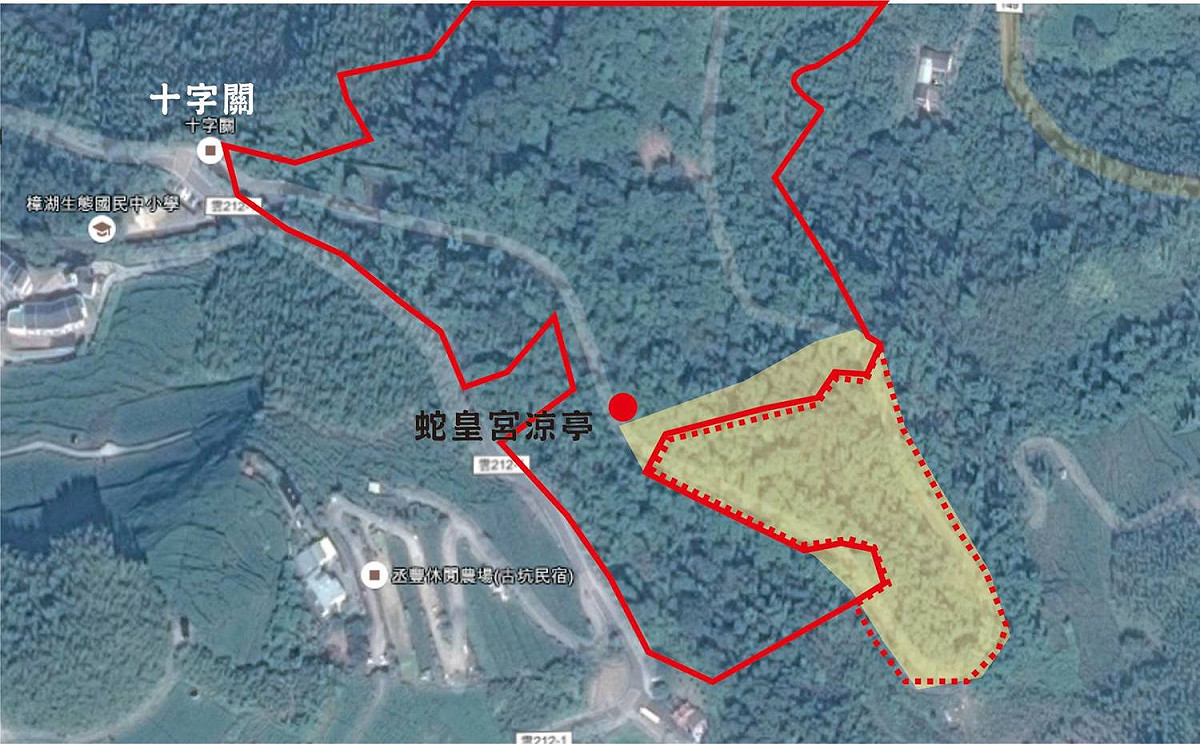 陳清圳製圖表示，土黃色為開墾區。紅色虛線區域為公有承租地，紅色實線區域為縣有地。業者連縣有地的福州杉都一同砍伐。 圖：翻攝陳清圳個人臉書