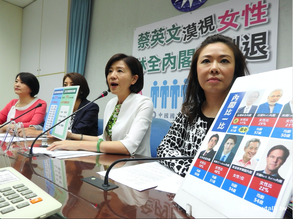 立法院國民黨團4日召開記者會痛批蔡英文政府的女性閣員比例過低。其中，國民黨文傳會主委王鴻薇（左）在會中表示，台北市長柯文哲的女性官員比例還有25%，而新政府的女性比例卻僅10%，痛批蔡政府不如柯市府。 圖：鄭佑漢/攝