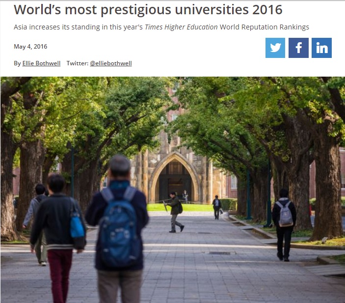 英國《泰晤士報》2016年全球大學聲譽排行榜前100強出爐，美國仍然笑傲排行榜，英國大學的排名普遍下滑，中國與亞洲的大學表現強勁。 圖：翻攝自Times Higher Education網站