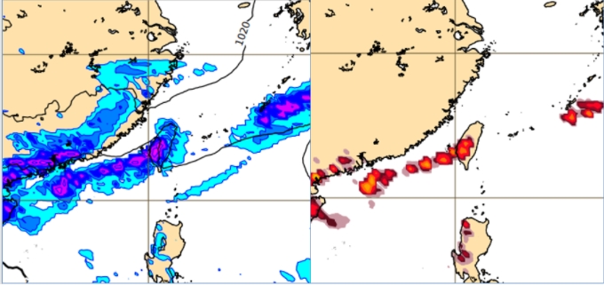 最新(25日20時)歐洲(ECMWF)模式，模擬27日20時降水圖顯示，前6小時的主要累積降雨，已南移至中部以南(左圖)。同時的閃電密度模擬圖顯示，中部以南陸上有密集的閃電(右圖)。 圖/「三立準氣象· 老大洩天機」