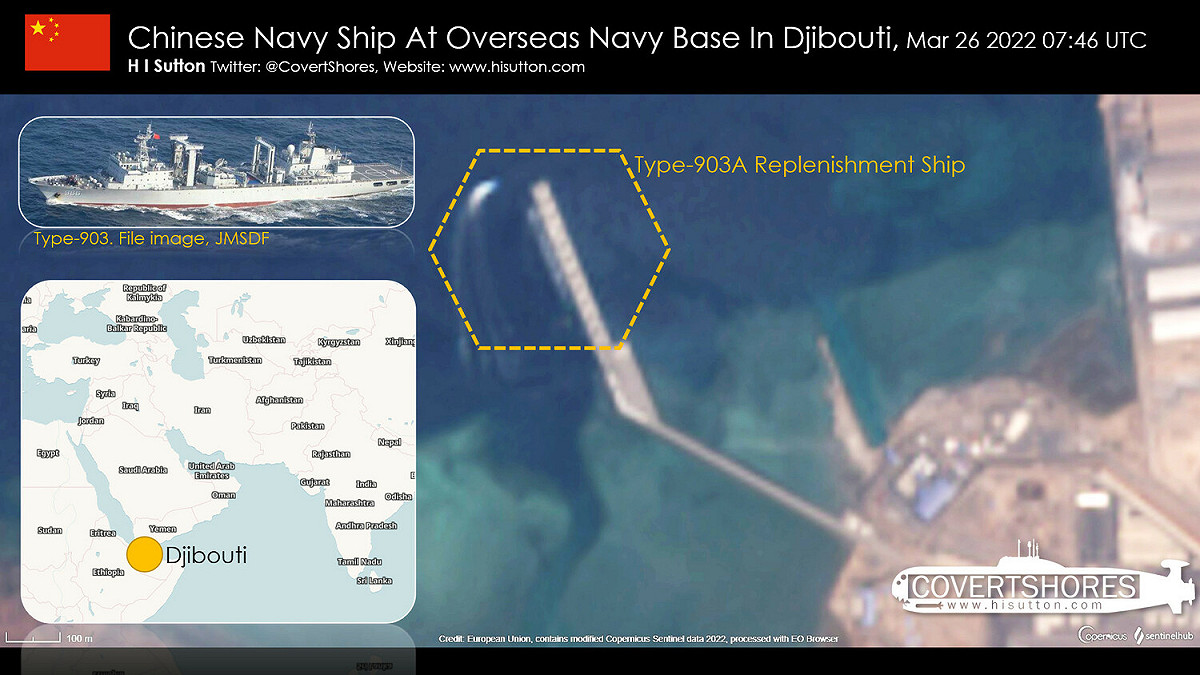 美國軍事分析專家薩頓指出，根據衛星圖像顯示，中國海軍「駱馬湖號」遠洋綜合補給艦（黃框處）進駐吉布提基地，形同延伸在印度洋與中東的海洋戰力。 圖：翻攝自薩頓個人官網