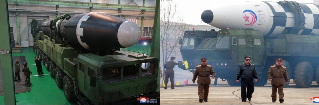 南韓軍方評估，北韓3月24日下午試射的應為「火星-15」(圖左)洲際彈道導彈，而非官媒宣稱的「火星-17」(圖右)。 圖：新頭殼合成/圖源朝中社