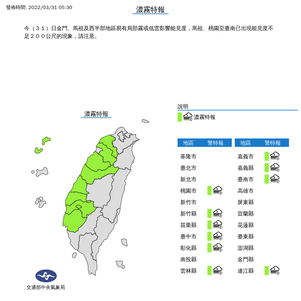中央氣象局今天清晨5時30分，針對桃園至台南，包括金門、馬祖發布濃霧特報，提醒用路人注意。 圖：中央氣象局/提供