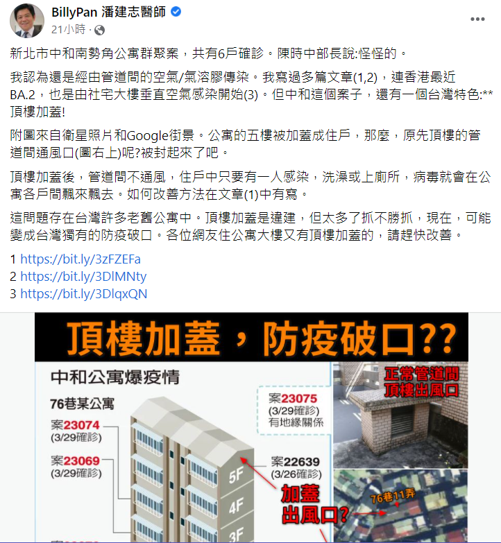 中和公寓同棟9人染疫，潘建志認為應是經由公寓管道間的空氣／氣溶膠傳染，並表示「頂樓加蓋」成為台灣獨有破口。 圖：擷取自潘建志醫師粉絲專頁