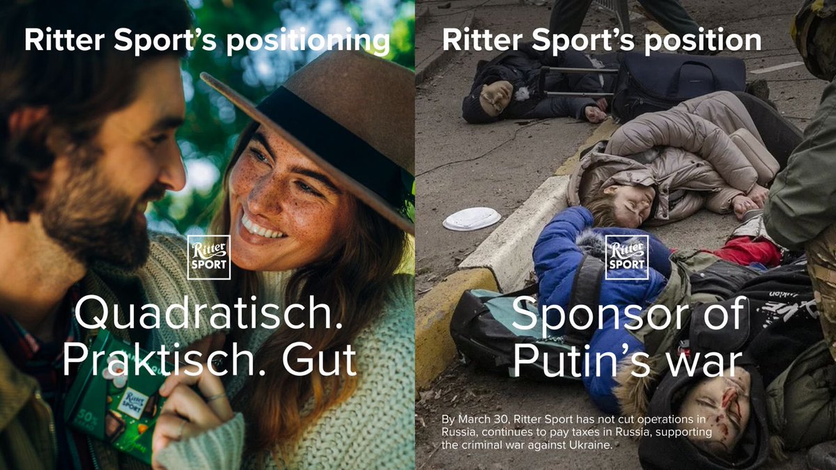 德國知名巧克力 Ritter Sport 拒絕退出俄羅斯市場，烏克蘭外交部長德米特羅·庫列巴 （Dmytro Kuleba）發文呼籲共同抵制。 圖:擷取自Dmytro Kuleba twitter