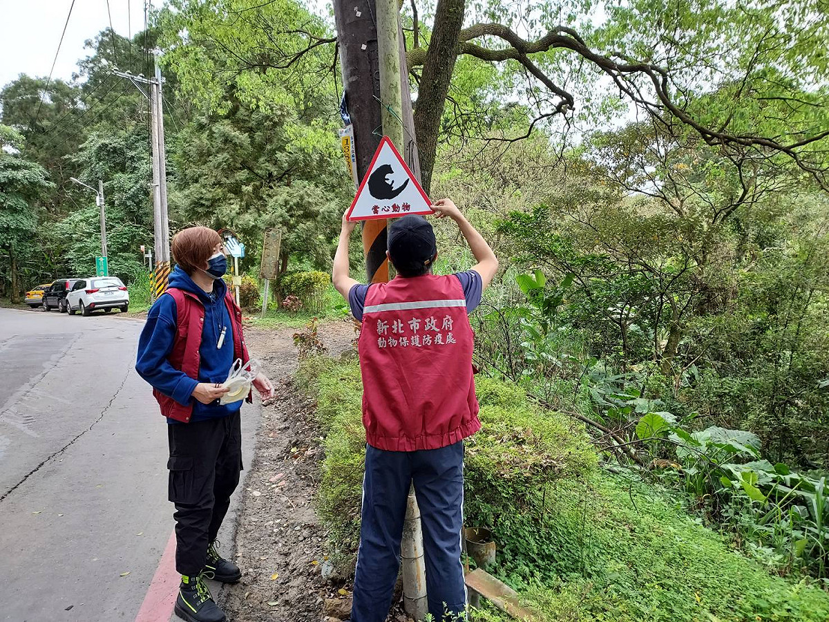 新北市動保處於上坡路段轉彎處架設告示牌。 圖：新北市動保處提供