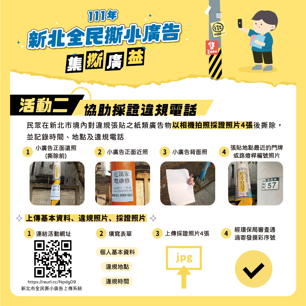 「活動2」則邀請民眾一起當環保小偵探，只要在撕除任一張違規小廣告前，拍攝4張照片 ，並以Google帳號登錄上傳至指定網站審核通過後，即可參加每季抽好禮活動。