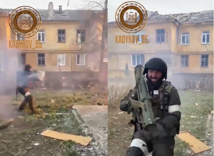 兩名車臣士兵分別拿著RPO-A大黃蜂火箭筒和RPG-7火箭筒射擊。 圖:翻攝自Telegram