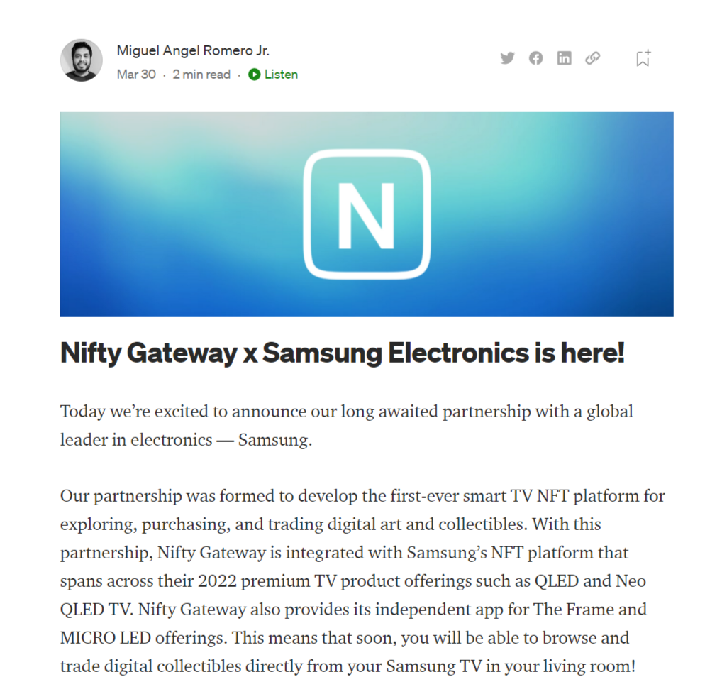 Nifty Gateway營銷經理Miguel Angel Romero Jr.表示，使用三星電視The Frame和Micro LED系列的用戶可以下載Nifty Gateway應用程式以獲得使用NFT平台權限。 圖：翻攝自Miguel Angel Romero Jr.   Medium部落格