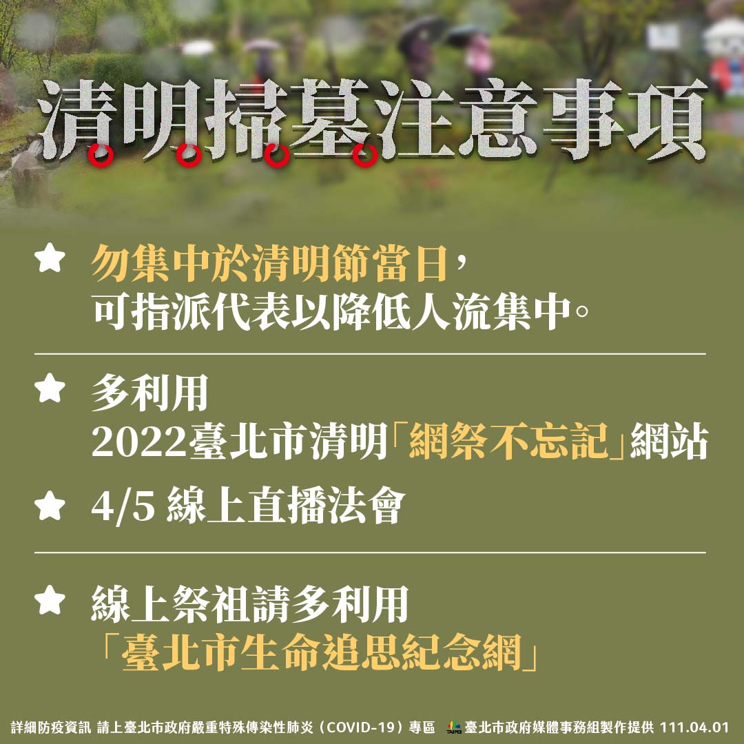 台北市鼓勵民眾不要集中在清明節當天掃墓。 圖：台北市政府 / 提供