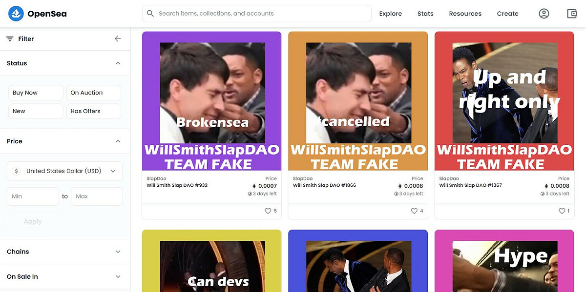 兩千個名為「Will Smith Slap DAO」系列NFT， 價格從0.001ETH（約98元台幣）到69ETH（約673萬台幣）不等。 圖：翻攝自SlapDao Opensea
