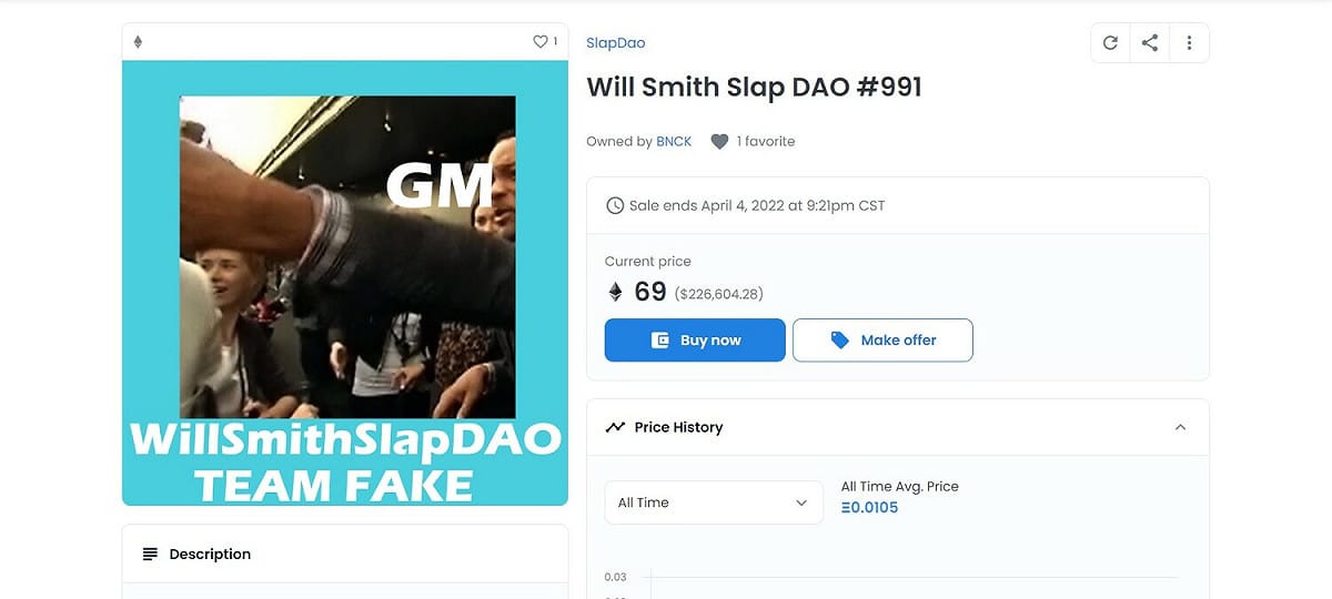 「Will Smith Slap DAO」系列中最貴的為69ETH（約673萬台幣）。 圖：翻攝自SlapDao Opensea