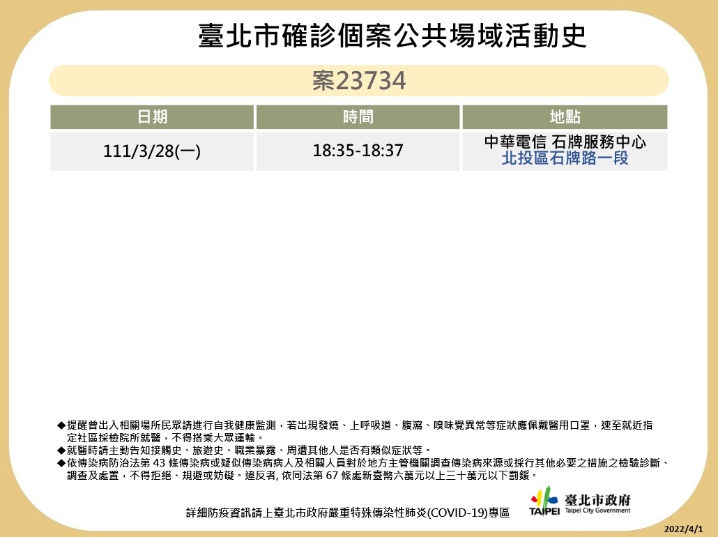 台北市衛生局再公布疫調足跡。 圖：台北市政府 / 提供