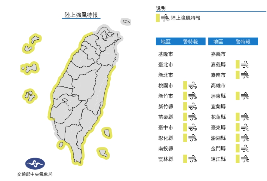 氣象局針對15縣市發布陸上強風特報。 圖/擷取自中央氣象局