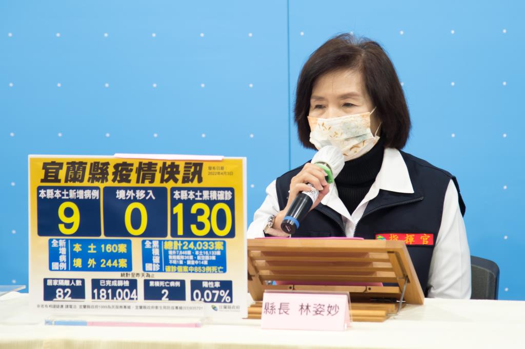 宜蘭縣長林姿妙表示，宜蘭今日新增9名確診個案。 圖：宜蘭縣政府／提供