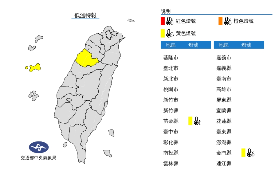 苗栗縣及金門縣低溫下探10度。 圖/中央氣象局