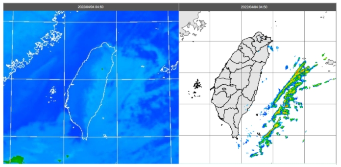 4日4：50紅外線衛星雲圖顯示，台灣東方海面有鬆散低層雲(左圖)。4：50雷達回波合成圖顯示，台灣東側的回波，離陸地有段距離(右圖)。 圖/「三立準氣象．老大洩天機」專欄