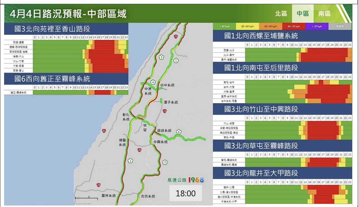 高公局預測今(4)日中部區域路況預報。 圖：高速公路局／提供