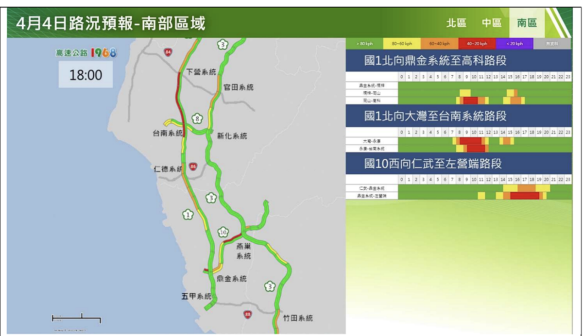 高公局預測今(4)日南部區域路況預報。 圖：高速公路局／提供
