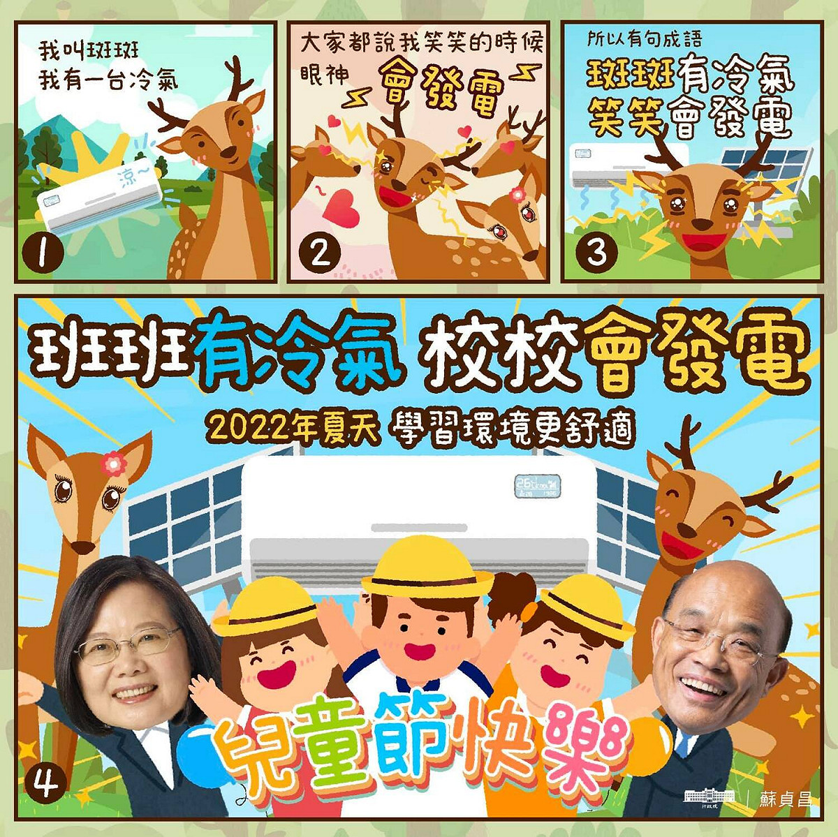行政院長蘇貞昌今發文表示，政府編列300多億預算，為全國3500多校進行電力改善，為3400多校裝設超過18.4萬台冷氣，「安全舒適的學習環境，就是給全台灣學童最好的兒童節禮物。」 圖：翻攝蘇貞昌臉書