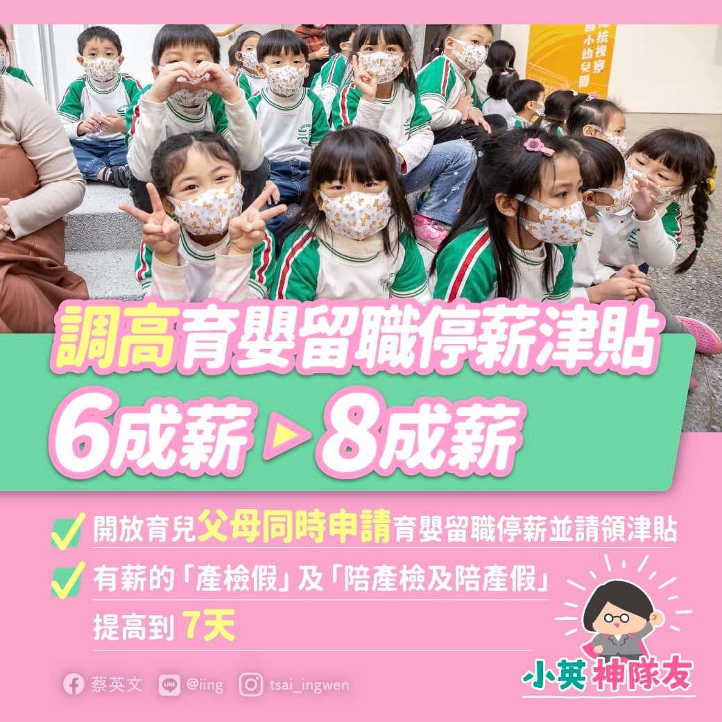 總統蔡英文在臉書強調政府提高育兒津貼、擴大不孕症補助、增加公共化幼兒園班級數等政策措施。 圖：翻攝蔡總統臉書