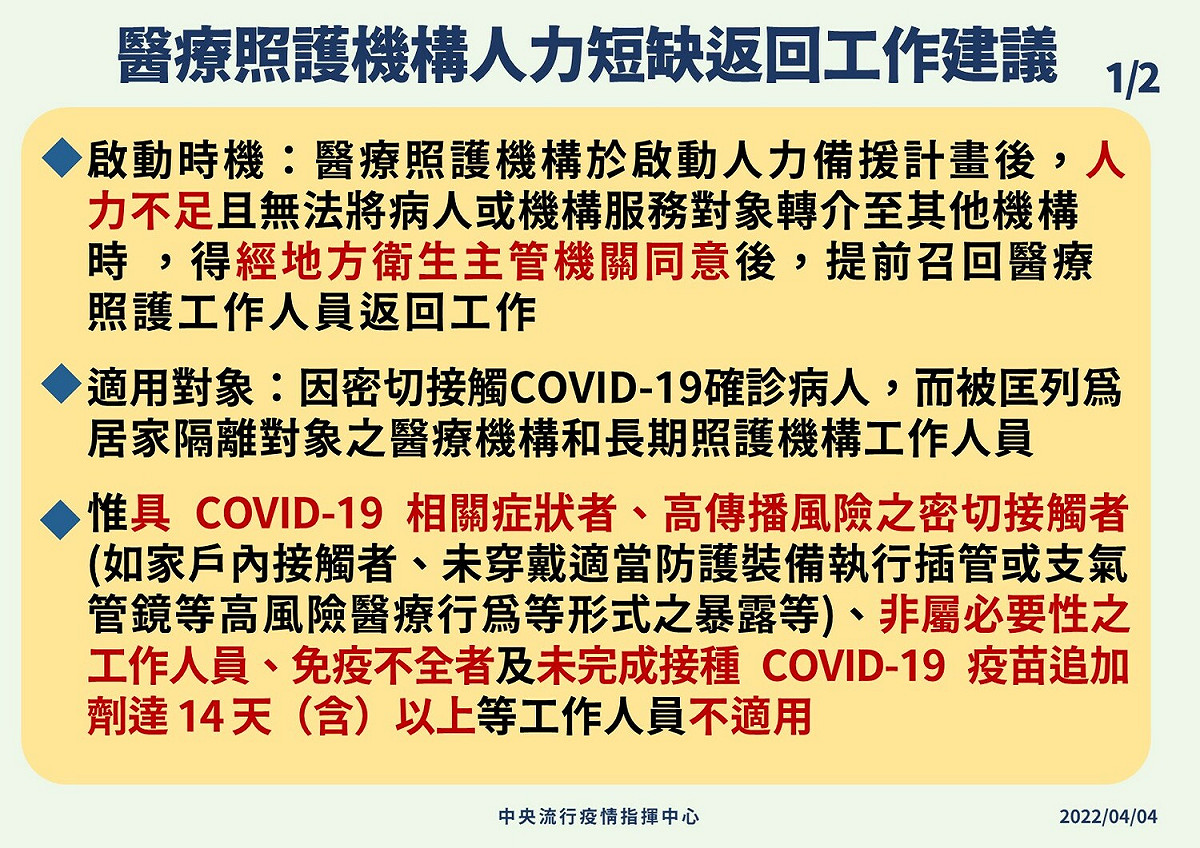 中央流行疫情指揮中心發布新「醫療照護工作人力短缺之應變處置建議」。 圖：中央流行疫情指揮中心/提供