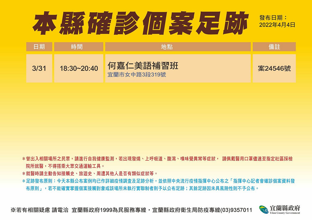 宜蘭今天新增9名確診個案，其中8例與舞蹈老師傳播鏈有關。 圖：衛生局提供