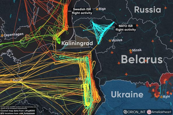 3月13日至3月31日，北約（NATO）與瑞典的電戰機的ISR（情報、監視和偵察）飛行軌跡。 圖:引自Orion Intel網站