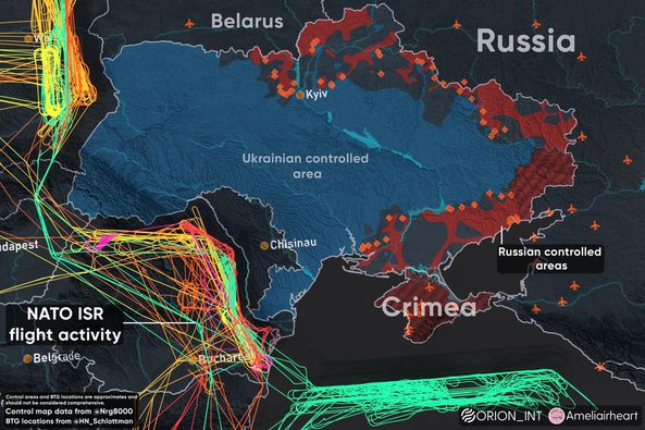 3月13日至3月31日，北約（NATO）與瑞典的電戰機的ISR（情報、監視和偵察）飛行軌跡。 圖:引自Orion Intel網站