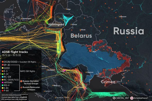 3月13日至3月31日，北約（NATO）與瑞典的電戰機的ISR（情報、監視和偵察）飛行軌跡。 圖:引自Orion Intel網站
