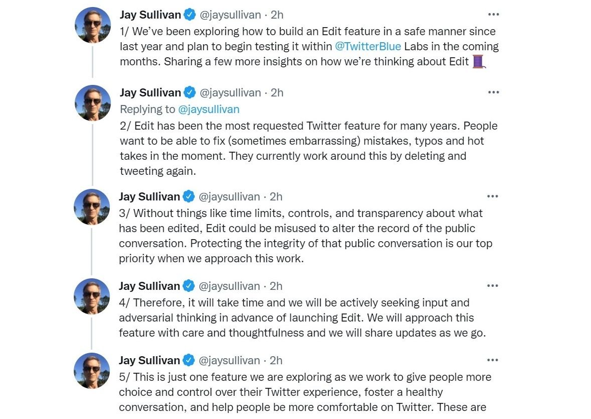 推特消費產品副總裁Jay Sullivan今日也發布一系列推文表示，編輯貼文一直是多年來用戶最期待的功能，因此推特從去年就一直在研究如何以安全的方式開發該功能。 圖：翻攝自Jay Sullivan Twitter